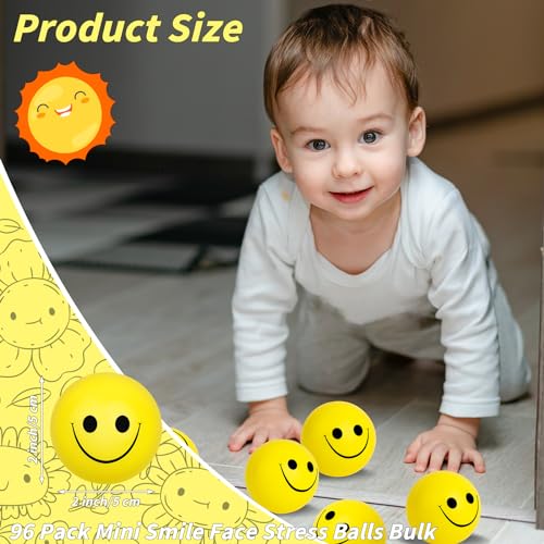 Oleitodh 96 Pack Smile Face Stress Balls Bulk 2 Inch Funny Face Stress Relief Balls Yellow Mini Squeeze Balls Foam Smile Face Toys for Finger Exercise School Prizes Party Bag Fillers - Image 5