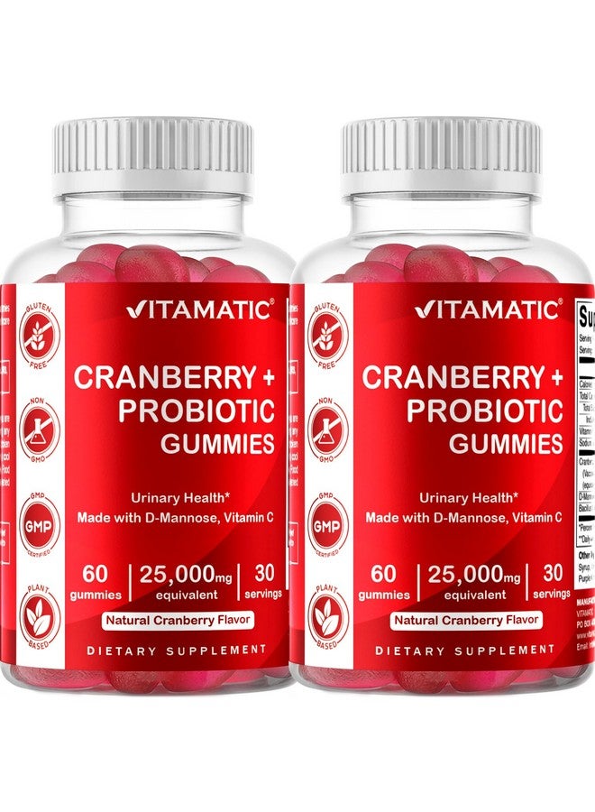 Vitamatic 2 Pack Vegan Cranberry Gummies with D-Mannose, Probiotic & Vitamin C for Women Urinary Tract Health - 25000mg Equivalent Per Serving (from 50:1 Extract 500 mg) - 60 Count - Image 1