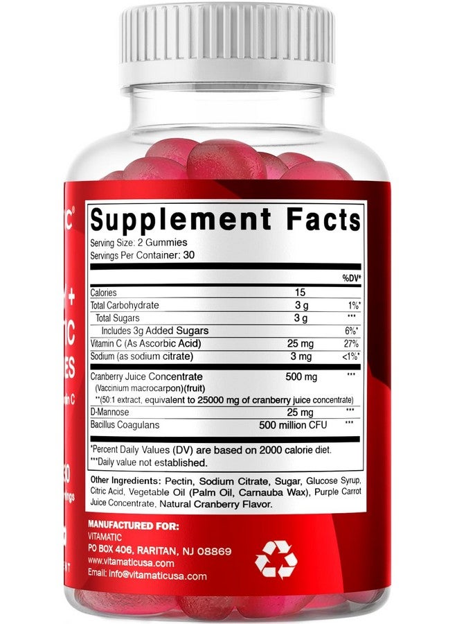Vitamatic 2 Pack Vegan Cranberry Gummies with D-Mannose, Probiotic & Vitamin C for Women Urinary Tract Health - 25000mg Equivalent Per Serving (from 50:1 Extract 500 mg) - 60 Count - Image 5