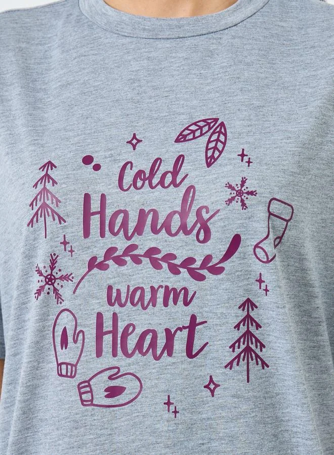 Styli Styli Warm Heart Slogan Ruffle Hem Sleep T-Shirt Dress