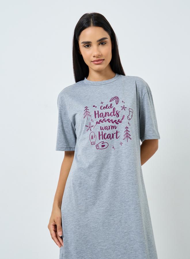 Styli Warm Heart Slogan Ruffle Hem Sleep T-Shirt Dress - Image 2