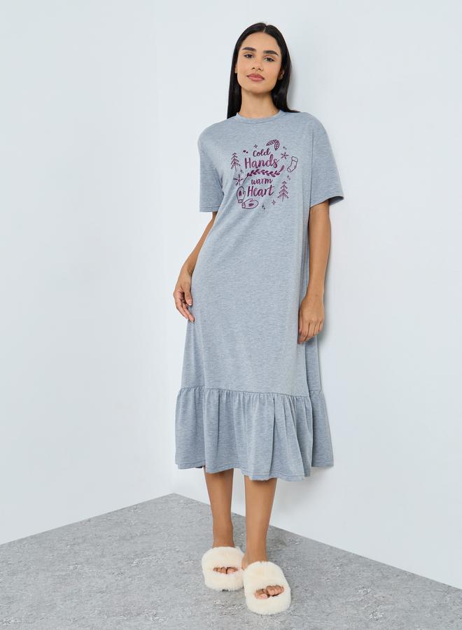 Styli Warm Heart Slogan Ruffle Hem Sleep T-Shirt Dress - Image 1