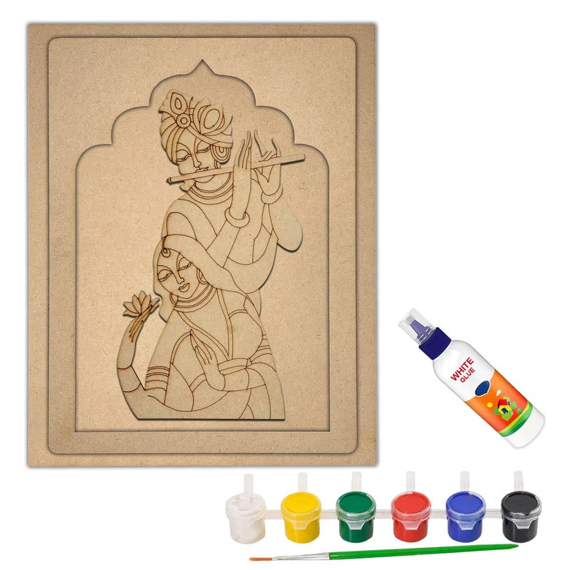 Wrapping Studio MDF Board for Lippan Art - Pre-Marked Shri Radha Krishna in Jharokha Design Cutouts for Craft, Painting, DIY Projects - Eco-Friendly MDF Wood, 30x23 cm, with Colors and Glue - Image 1