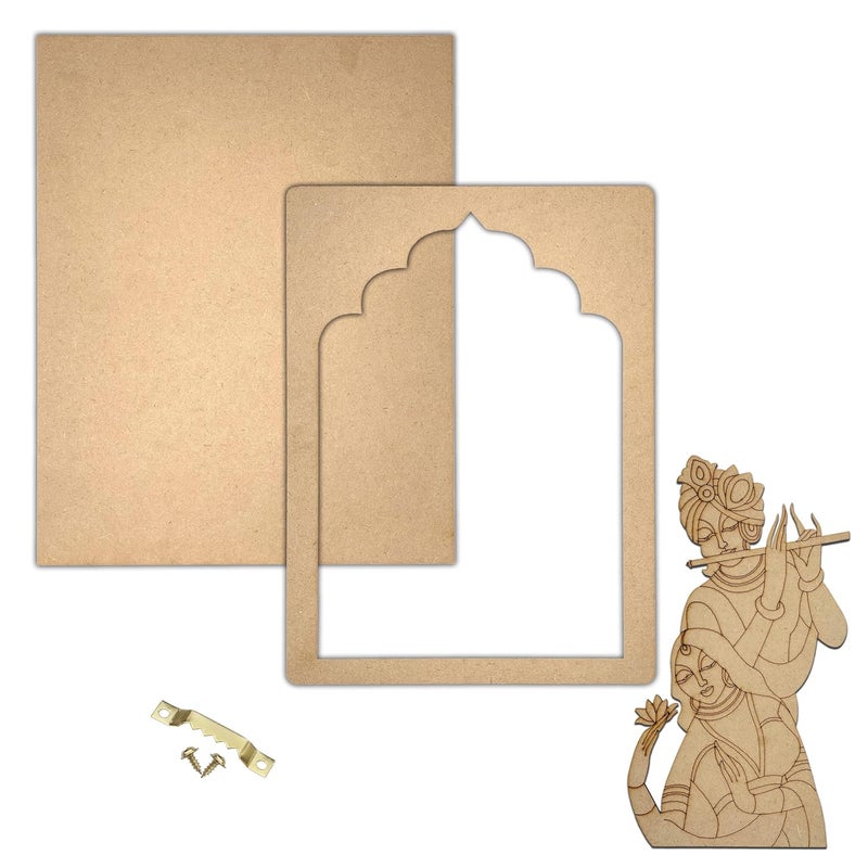 Wrapping Studio MDF Board for Lippan Art - Pre-Marked Shri Radha Krishna in Jharokha Design Cutouts for Craft, Painting, DIY Projects - Eco-Friendly MDF Wood, 30x23 cm, with Colors and Glue - Image 2