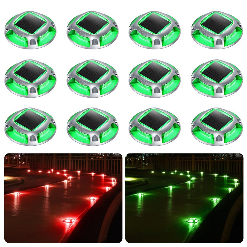 AGPTEK Solar Driveway Lights Outdoor 12 Pack, 2 Color Modes LED Deck Dock Marine Waterproof Security Marker Lights for Step Sidewalk Stair Garden Pathway Walkway Yard(Green/Red) - Image 1