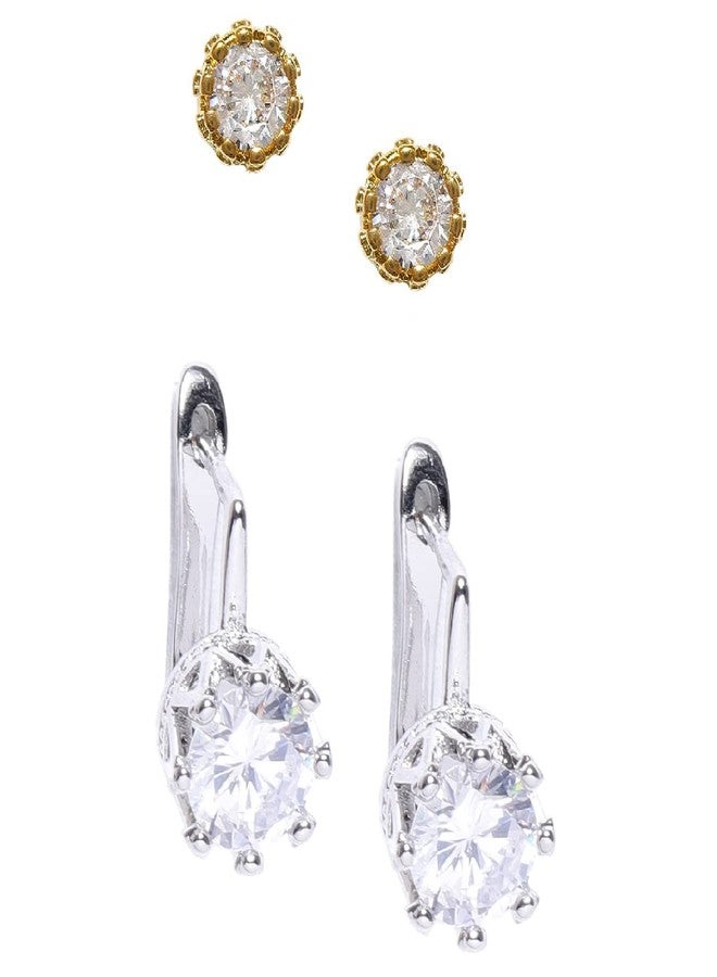 Fabula by OOMPH Jewellery Combo of 2 Crown Shape Cubic Zirconia Small Stud & Drop Earrings For Women & Girls - Image 1