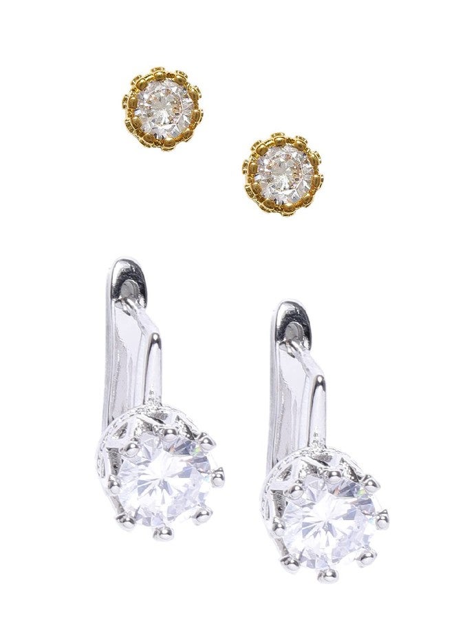 Fabula by OOMPH Jewellery Combo of 2 Crown Shape Cubic Zirconia Small Stud & Drop Earrings For Women & Girls - Image 2