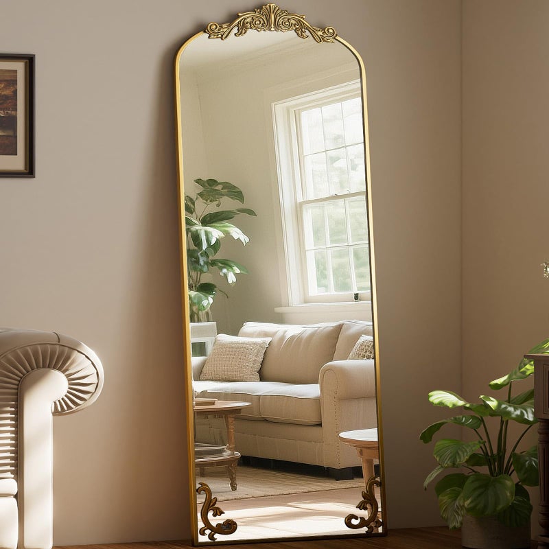 Easly 21"x 64" Arched Full Length Mirror, Freestanding Floor Mirror with Carved Metal Frame & Bottom Art Carved, Gold Full Body Mirror for HomeDecor, Halling Wall Mirror with Vintage Ornate Carved Accents - Image 3