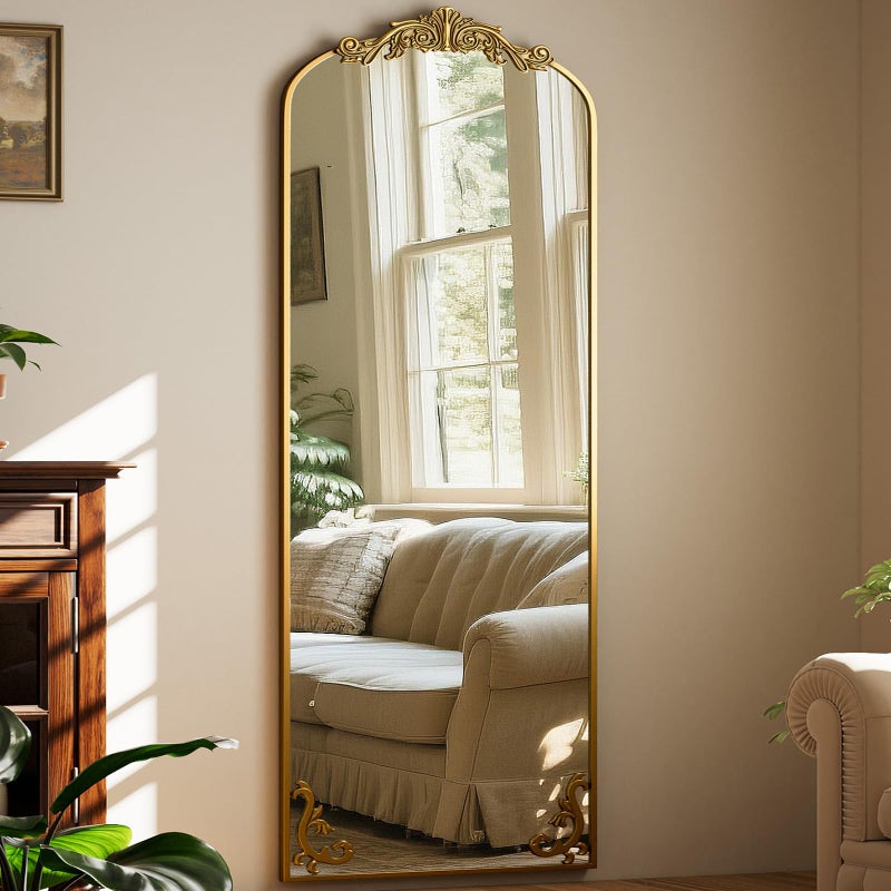 Easly 21"x 64" Arched Full Length Mirror, Freestanding Floor Mirror with Carved Metal Frame & Bottom Art Carved, Gold Full Body Mirror for HomeDecor, Halling Wall Mirror with Vintage Ornate Carved Accents - Image 4