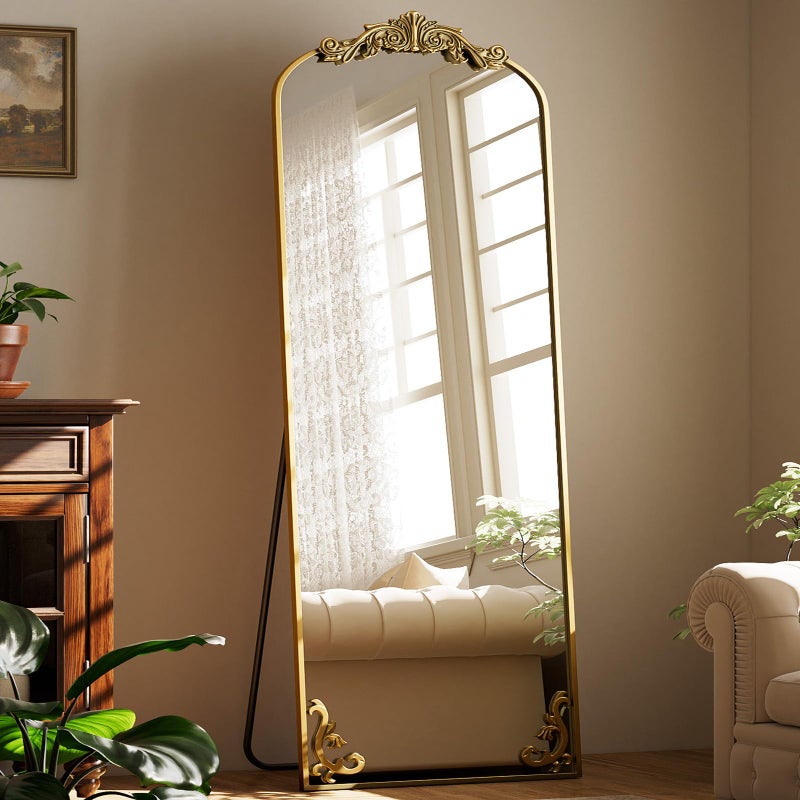 Easly 21"x 64" Arched Full Length Mirror, Freestanding Floor Mirror with Carved Metal Frame & Bottom Art Carved, Gold Full Body Mirror for HomeDecor, Halling Wall Mirror with Vintage Ornate Carved Accents - Image 1