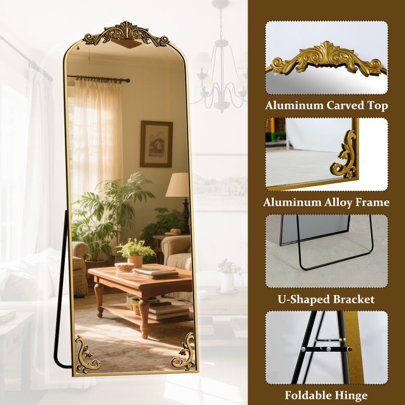Easly 21"x 64" Arched Full Length Mirror, Freestanding Floor Mirror with Carved Metal Frame & Bottom Art Carved, Gold Full Body Mirror for HomeDecor, Halling Wall Mirror with Vintage Ornate Carved Accents - Image 5