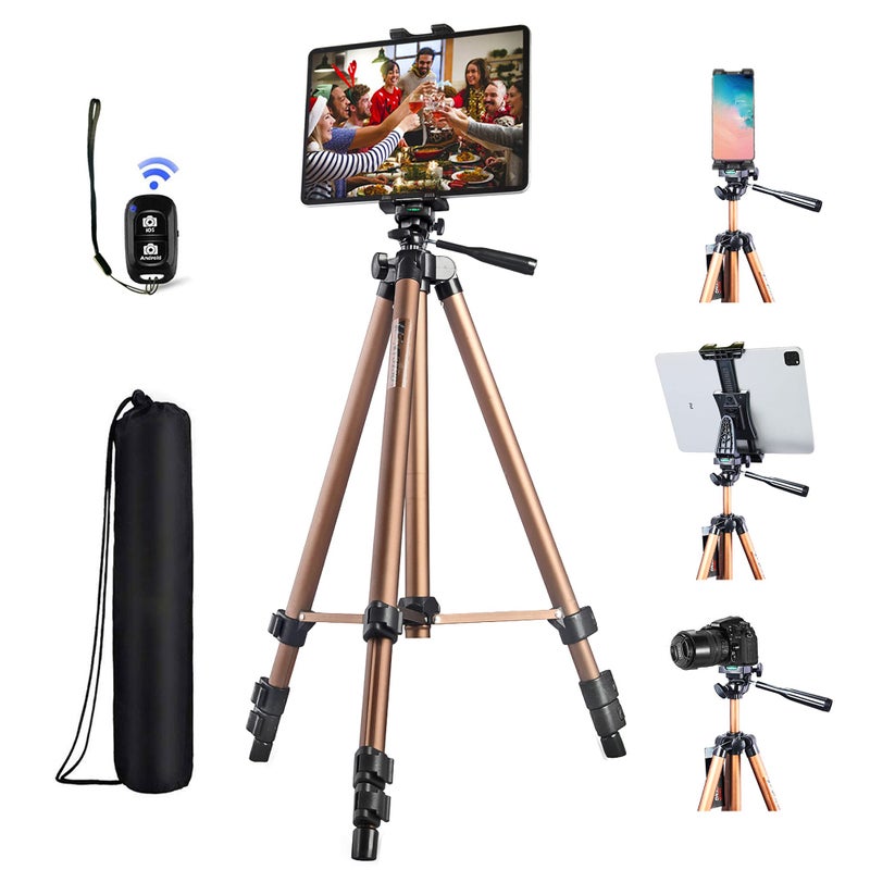Peastrex IPad Tripod Stand Universal Tablet Phone Mount Holder 51in Lightweight with Bluetooth Remote for iPad Pro 12.9 11 10.5,iPad Air Mini,Surface Tab,Galaxy Tab and 3.5 to 13.5in iPhone Tablet - Champagne - Image 1