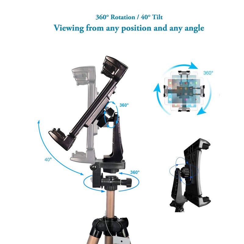 Peastrex IPad Tripod Stand Universal Tablet Phone Mount Holder 51in Lightweight with Bluetooth Remote for iPad Pro 12.9 11 10.5,iPad Air Mini,Surface Tab,Galaxy Tab and 3.5 to 13.5in iPhone Tablet - Champagne - Image 5