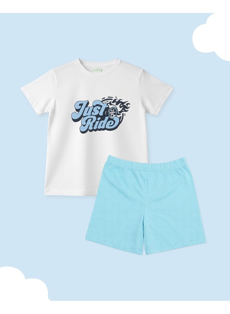 LUAY Boys 100% Cotton T-Shirt & Shorts Set | Summer Casual Outfit for Kids & Toddlers | Soft Breathable Fabric | Cartoon Car Print | Light Blue & Blue - Image 2