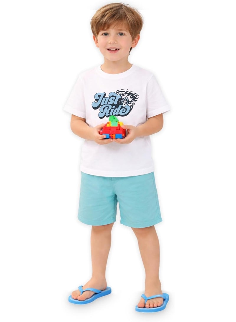 LUAY Boys 100% Cotton T-Shirt & Shorts Set | Summer Casual Outfit for Kids & Toddlers | Soft Breathable Fabric | Cartoon Car Print | Light Blue & Blue - Image 1