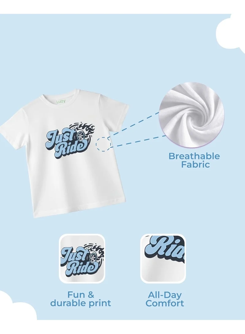 Luay White Boys 100% Cotton T-Shirt & Shorts Set | Summer Casual Outfit for Kids & Toddlers | Soft Breathable Fabric | Cartoon Car Print | Light Blue & Blue for Men | Best Price UAE