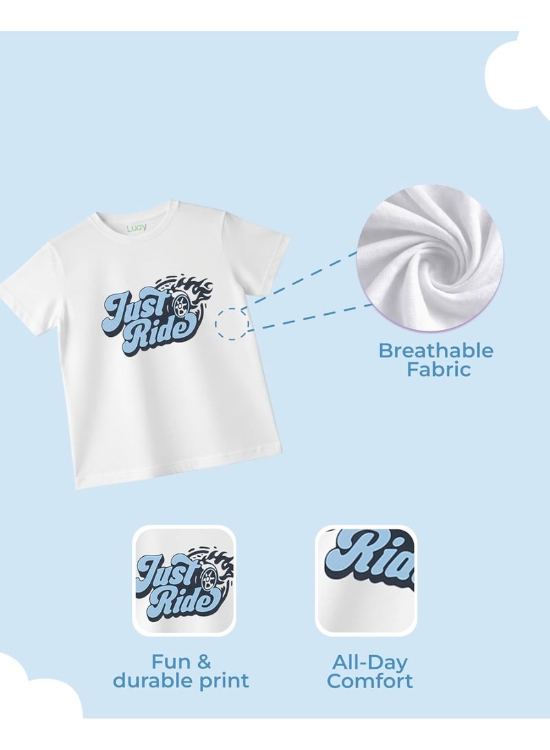 LUAY Boys 100% Cotton T-Shirt & Shorts Set | Summer Casual Outfit for Kids & Toddlers | Soft Breathable Fabric | Cartoon Car Print | Light Blue & Blue - Image 5