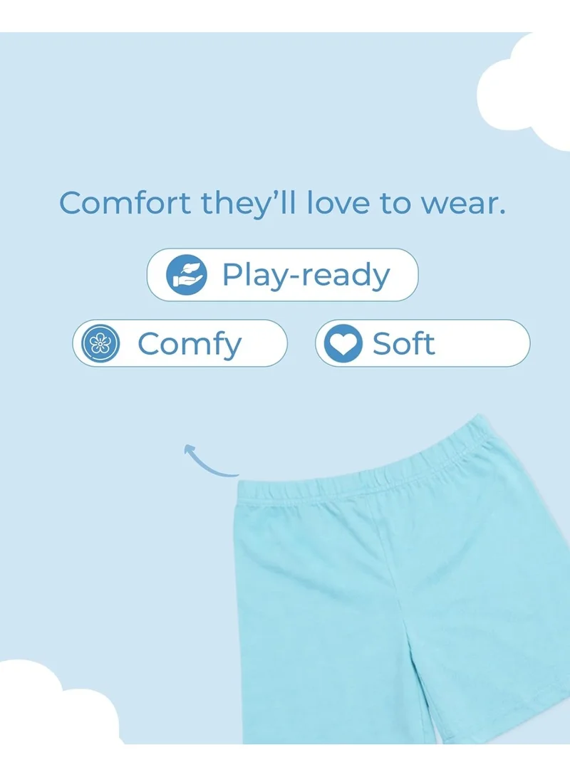 Luay White Boys 100% Cotton T-Shirt & Shorts Set | Summer Casual Outfit for Kids & Toddlers | Soft Breathable Fabric | Cartoon Car Print | Light Blue & Blue for Men | Best Price UAE