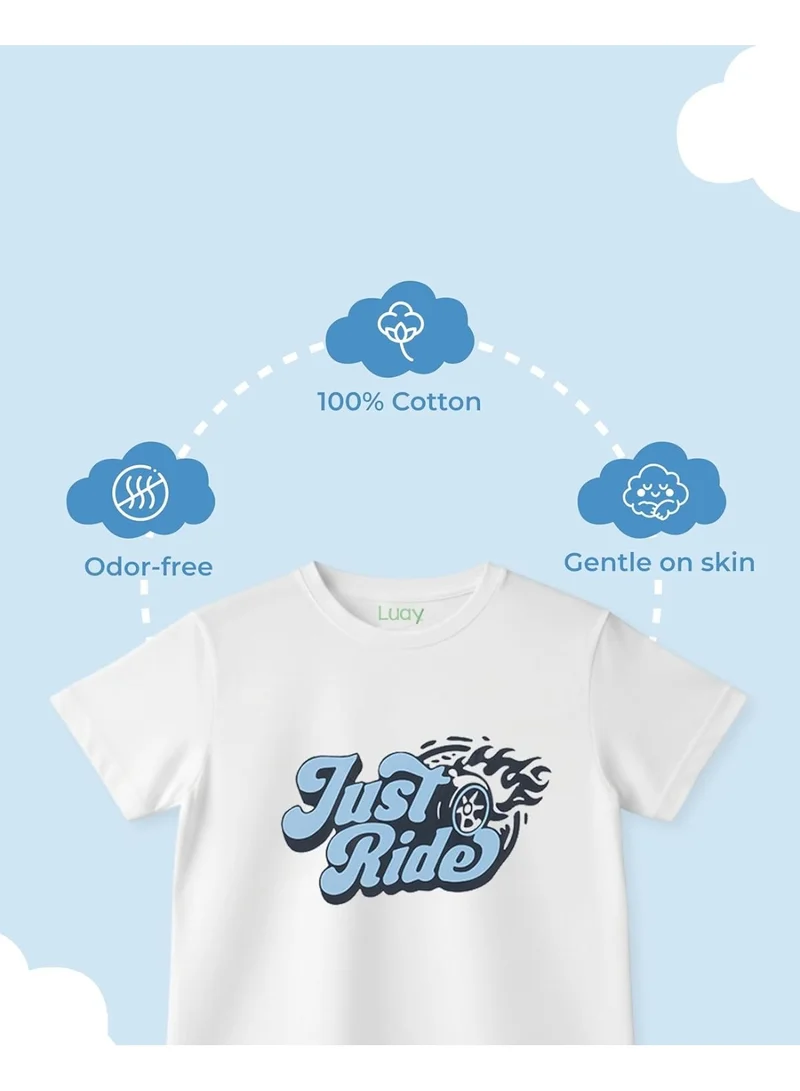 Luay White Boys 100% Cotton T-Shirt & Shorts Set | Summer Casual Outfit for Kids & Toddlers | Soft Breathable Fabric | Cartoon Car Print | Light Blue & Blue for Men | Best Price UAE