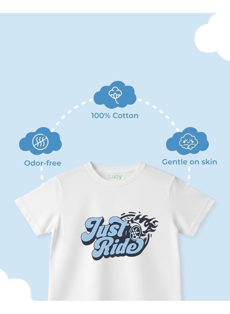 LUAY Boys 100% Cotton T-Shirt & Shorts Set | Summer Casual Outfit for Kids & Toddlers | Soft Breathable Fabric | Cartoon Car Print | Light Blue & Blue - Image 4