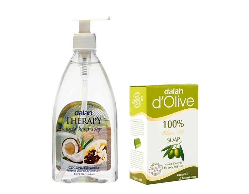 Dalan Combo Pack of COCONUT VANILLA 400 ml Exotic International Fragrances in HandwashLiquid Soap Dalan dOlive 100 Pure Olive Oil Soap 150 gm