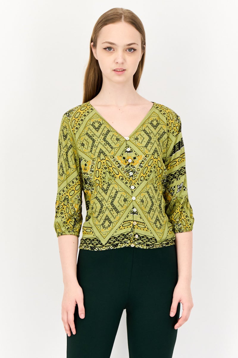 ONLY Women V Neck 3/4 Sleeves Graphic Print Blouse, Multicolor  - Image 1