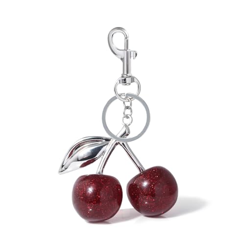 SORGERLY Silver Cherry Bag Charm Keychain - Cute Purse Handbag Fruit Accessories - Beautiful Birthday Gift for Women (Red) - Image 1