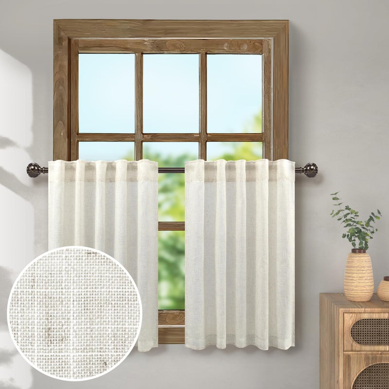 Pitalk Natural Linen Cafe Curtains  Cream Small Curtains for Kitchen Door  Ivory Semi Sheer Mini Curtains for Kids Bedroom Windows Trailer Bathroom Cabinet Window Tiers  Wide 42 x 24 Length  2 Panels - Image 1
