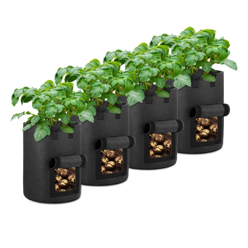OPPOLIFE 4-Pack 10 Gallon Potato Grow Bags with Flap Window, Heavy Duty Aeration Fabric Pots with Handles for Garden and Planting(Black) - Image 1