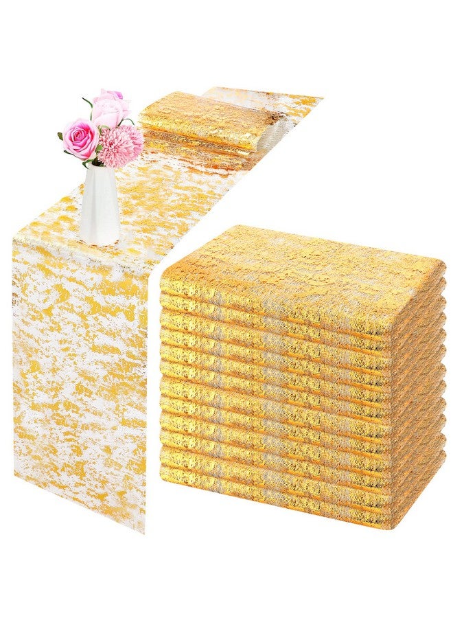Tatuo 12 Pieces Gold Table Runner Metallic Thin Mesh Table Runner Roll 11 x 84 Inches Rectangle Glitter Runner for Wedding Baby Shower Birthday - Image 1