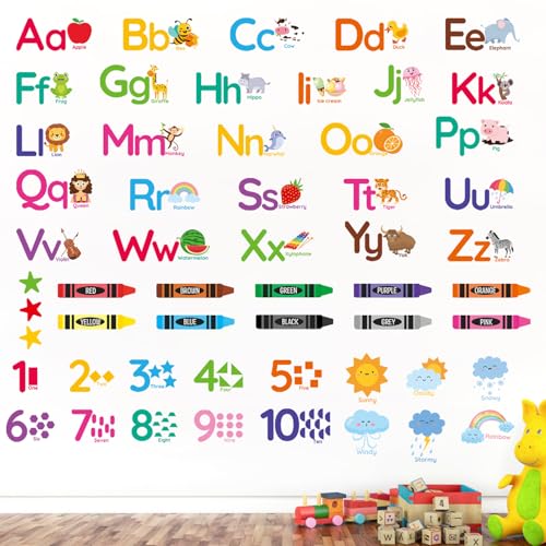 AOWDIAO Learning Wall Decals for Kids - Peel and Stick Alphabet, Numbers, Colors & Animals - Classroom, Nursery and Playroom Educational Decor - Image 1
