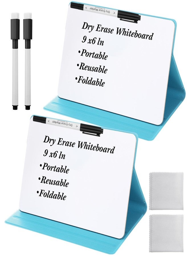 Dunzoom 2 Pcs Portable Mini Dry Erase White Board with Stand, 9 x 6 Inch Reusable Desktop Whiteboard with Markers & Wipe Cloths for Office Meeting, Home & School Supplies (Blue) - Image 1