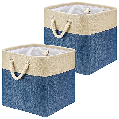 HSDT Fabric Cube Storage Bins 13x13x12.5 Inch Beige and Navy Blue Cube Storage Boxes Collapsible Large Cloth Organizer Baskets with Cotton Rops Handles for Storage Cubbies or Closet Shelf ,QY-SC31-2 - Image 1
