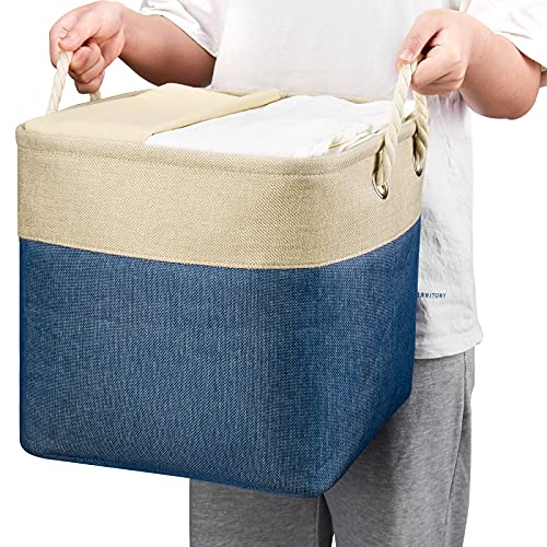 HSDT Fabric Cube Storage Bins 13x13x12.5 Inch Beige and Navy Blue Cube Storage Boxes Collapsible Large Cloth Organizer Baskets with Cotton Rops Handles for Storage Cubbies or Closet Shelf ,QY-SC31-2 - Image 2