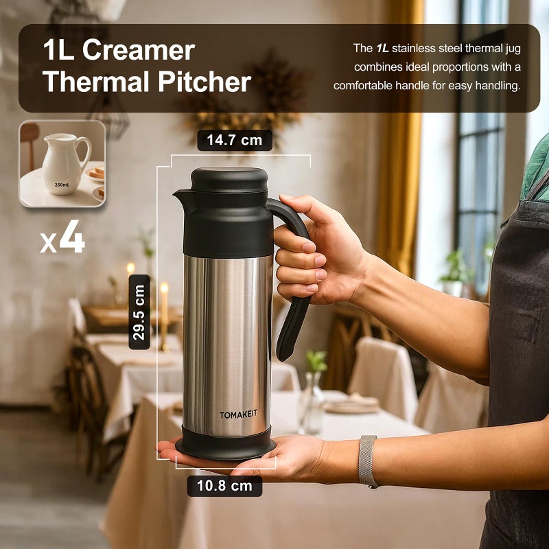  TOMAKEIT Creamer Pitcher for Coffee,1L/34 Oz Thermal Coffee Carafe,Stainless Steel Coffee Carafes for Keeping Hot and Cold,Double-Wall Design,12-Hour Hot & Cold,Leak-Proof, Portable for Travel,Camping,Office - Image 2