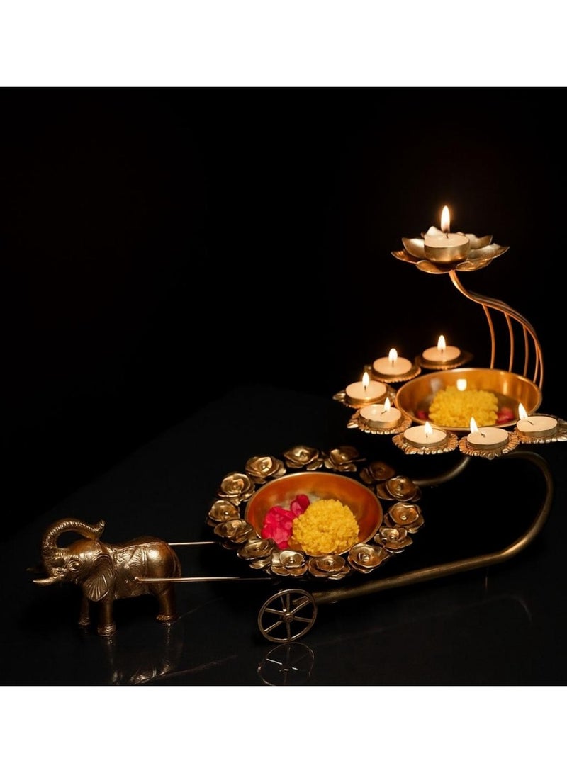 مجموعة حوامل الشموع من النحاس العتيق مع تصميم عربة الفيل - ديكور احتفالي تقليدي/ديكور ديوالي