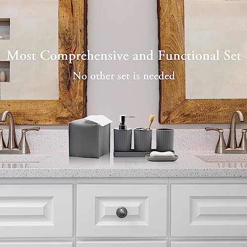Bthenov Bathroom Accessory Set - 10 Piece Grey Bathroom Accessories Set with Trash Can, Toothbrush Holder and Cup, Soap Dispenser, Soap Dish, Toilet Brush Holder, Vanity Tray, Qtip Holder, Tissue Box Cover - Image 2