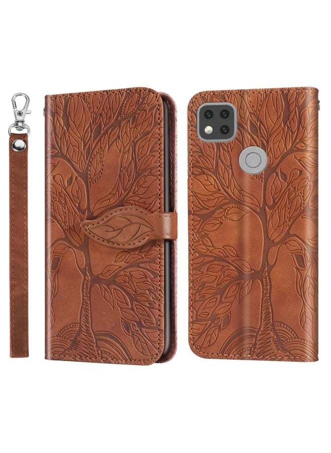 HuHa Case Cover For Xiaomi Redmi 9C Life of Tree Embossing Pattern Horizontal Flip Leather Case with Holder & Card Slot & Wallet & Photo Frame & Lanyard Brown 