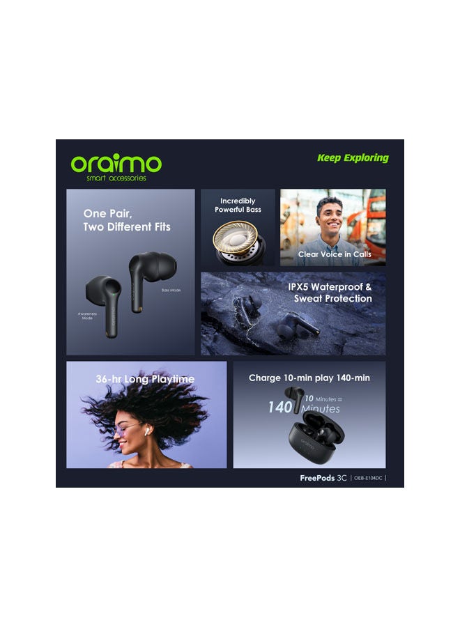 أورايمو FreePods 3C ENC إلغاء الضوضاء، صوت جهير قوي 4 ميكروفونات، وقت تشغيل طويل، سماعات أذن لاسلكية حقيقية مقاومة للماء IPX5، عبر التطبيق - Image 5