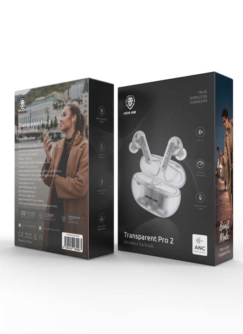 GREEN LION - Transparent Pro 2 Wireless Earbuds /Hands-Free Calls/10M Transmission Range/Multi-Function Touch/V5.3 Bluetooth Version- White - Image 1