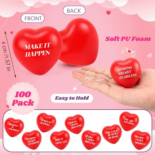 Jerify 100 Pieces Valentines Day Heart Stress Balls Foam Inspirational Motivational Stress Balls Quotes Anxiety Relief for Adults Wedding Carnival RewardRed - Image 5