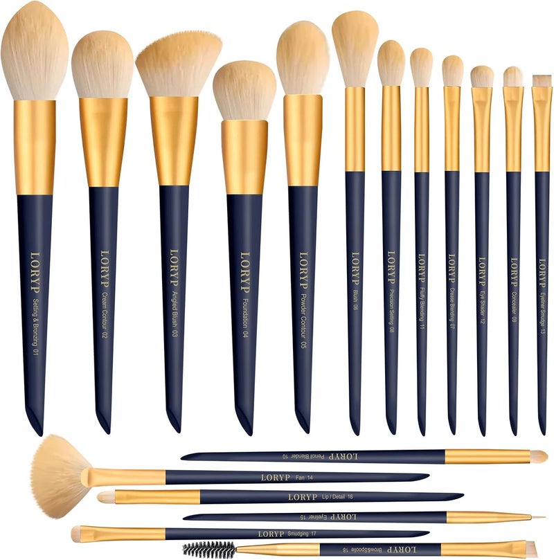 LORYP Makeup Brushes Set Labeled 18 Piece Face and Eye Brush Set Ultra soft hair Foundation, Concealer, Blush, Contour, Blending, Eyeshadow Blue Brush kit - Image 1