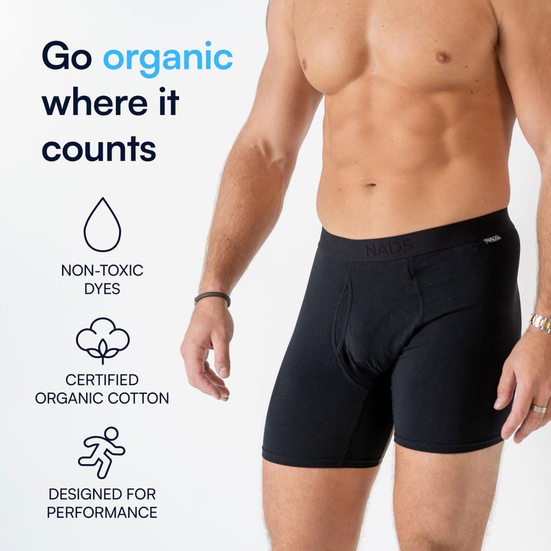 Nad's NADS Organic Cotton Boxer Briefs â€“ Soft & Breathable Men's Underwear with Tagless, No-Roll Waistband â€“ No Harsh Chemicals, Hormone-Safe & Non-Toxic Materials to Protect Your Package â€“ Black 3pk, Large - Image 2