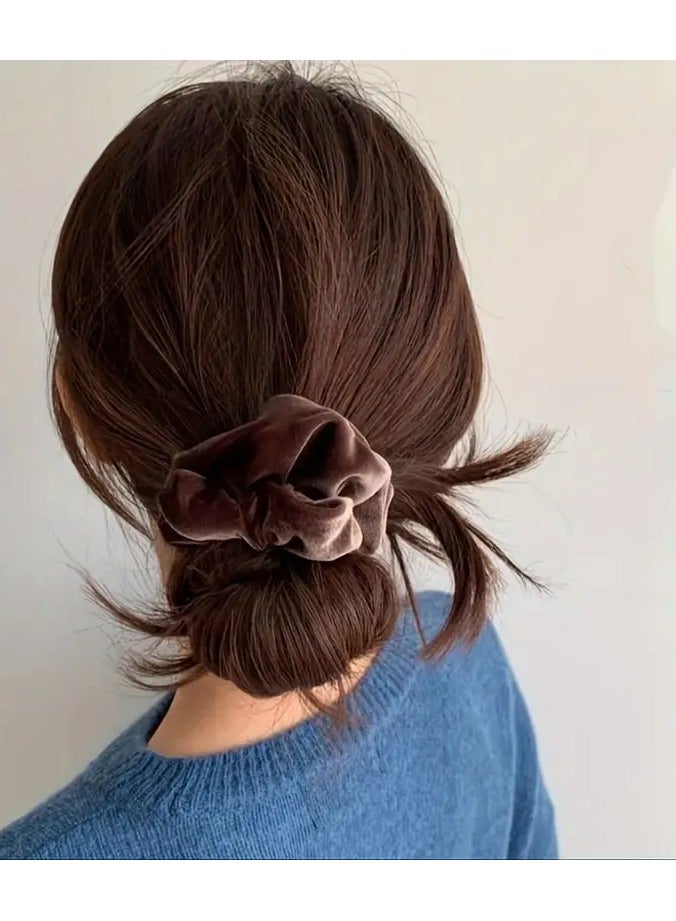 Rozino 2pcs Elegant Velvet Hair Scrunchies for Women - Large, Soft Elastic Bands in Brown & Beige, Solid Color, Perfect for Daily Use, Hair Accessories - Image 3