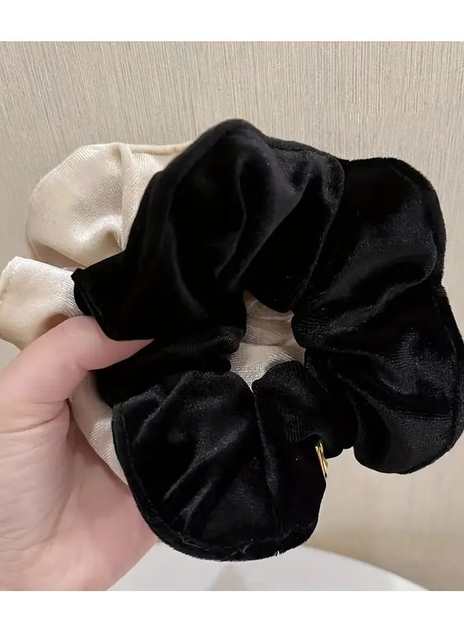 Rozino 2pcs Elegant Velvet Hair Scrunchies for Women - Large, Soft Elastic Bands in Brown & Beige, Solid Color, Perfect for Daily Use, Hair Accessories - Image 1