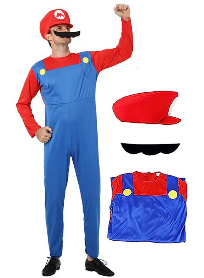 Super Brothers Cosplay Kids Costume Mario Cosplay Jumpsuit Plumber Costume with Hat Mustache Role Playing costumes (Adult Version - Red) - Image 1