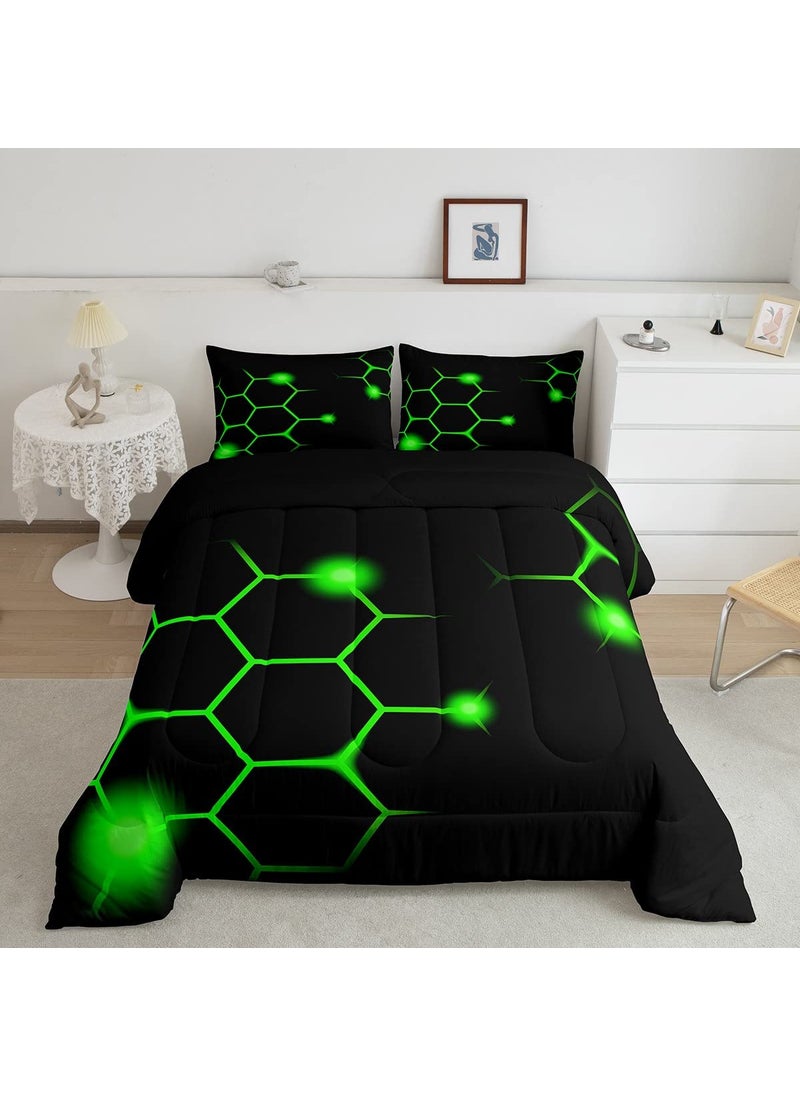 Feelyou Hexagonal Comforter Set Geometric Honeycomb Bedding Set for Kids Adults Neon Green Black Comforter Modern Hexagon Beehive Quilt Set Ultra Soft Room Decor Twin Size Bedroom Collection 2Pcs  - Image 1