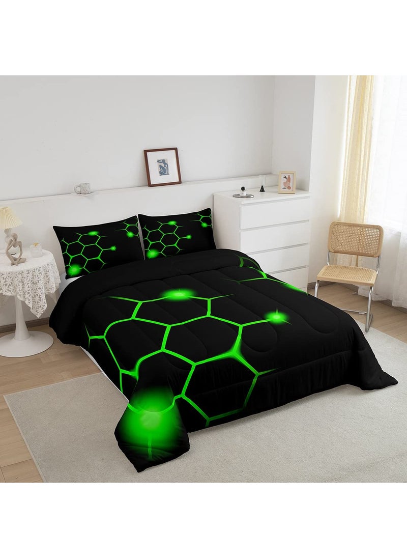 Feelyou Hexagonal Comforter Set Geometric Honeycomb Bedding Set for Kids Adults Neon Green Black Comforter Modern Hexagon Beehive Quilt Set Ultra Soft Room Decor Twin Size Bedroom Collection 2Pcs  - Image 2