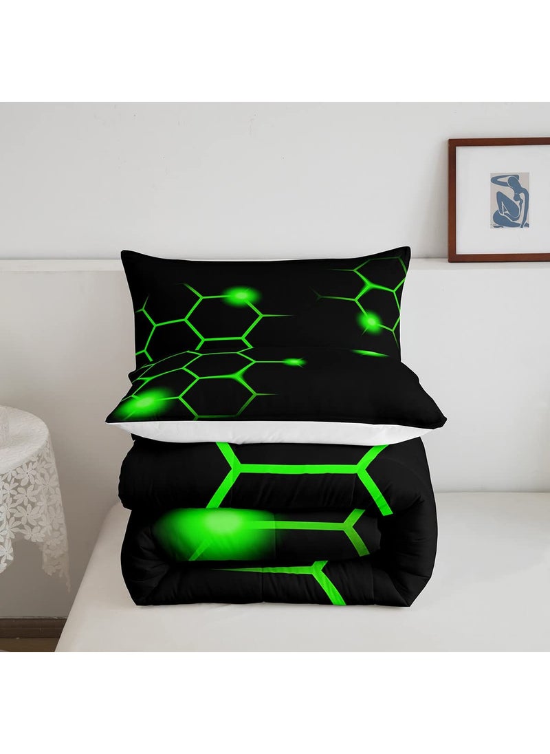 Feelyou Hexagonal Comforter Set Geometric Honeycomb Bedding Set for Kids Adults Neon Green Black Comforter Modern Hexagon Beehive Quilt Set Ultra Soft Room Decor Twin Size Bedroom Collection 2Pcs  - Image 5