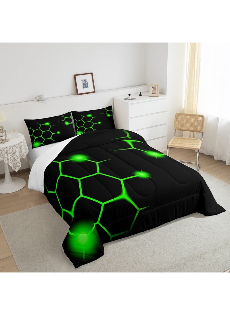 Feelyou Hexagonal Comforter Set Geometric Honeycomb Bedding Set for Kids Adults Neon Green Black Comforter Modern Hexagon Beehive Quilt Set Ultra Soft Room Decor Twin Size Bedroom Collection 2Pcs  - Image 4